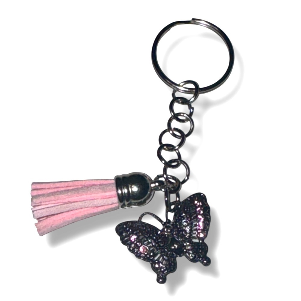 3 FOR $20 HANDCRAFTED Pink Rhinestone Black Butterfly Charm Pink Tassel Keychain